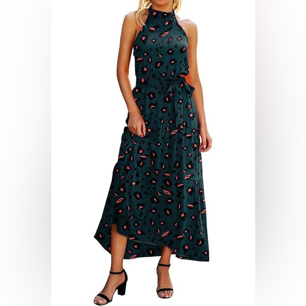 NWT Dark Green Halter Dress with Pink and Black Leopard Pattern size Large